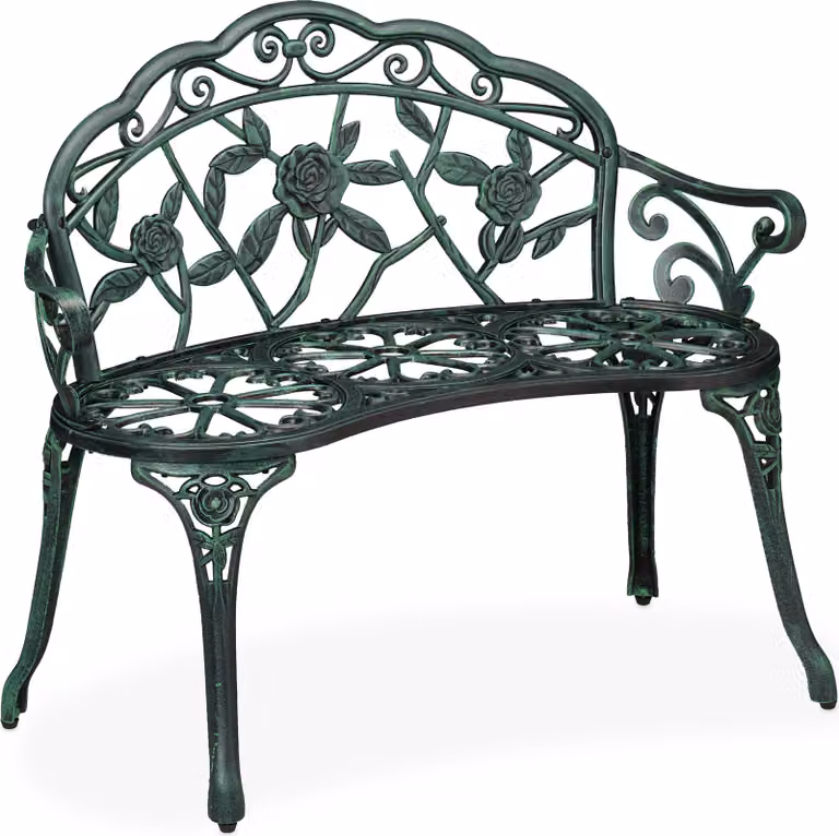 Panchina da giardino Relaxdays, a 2 posti, per terrazza o balcone, in alluminio e ghisa, A x L x P: 79 x 99 x 56 cm, panca, nero/verde