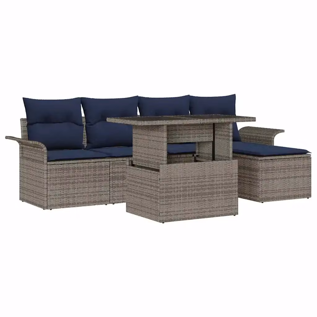 Set da giardino moderno vidaXL composto da 6 pezzi con divano a L, tavolino e pouf in rattan con cuscini inclusi, colore grigio e blu – 2