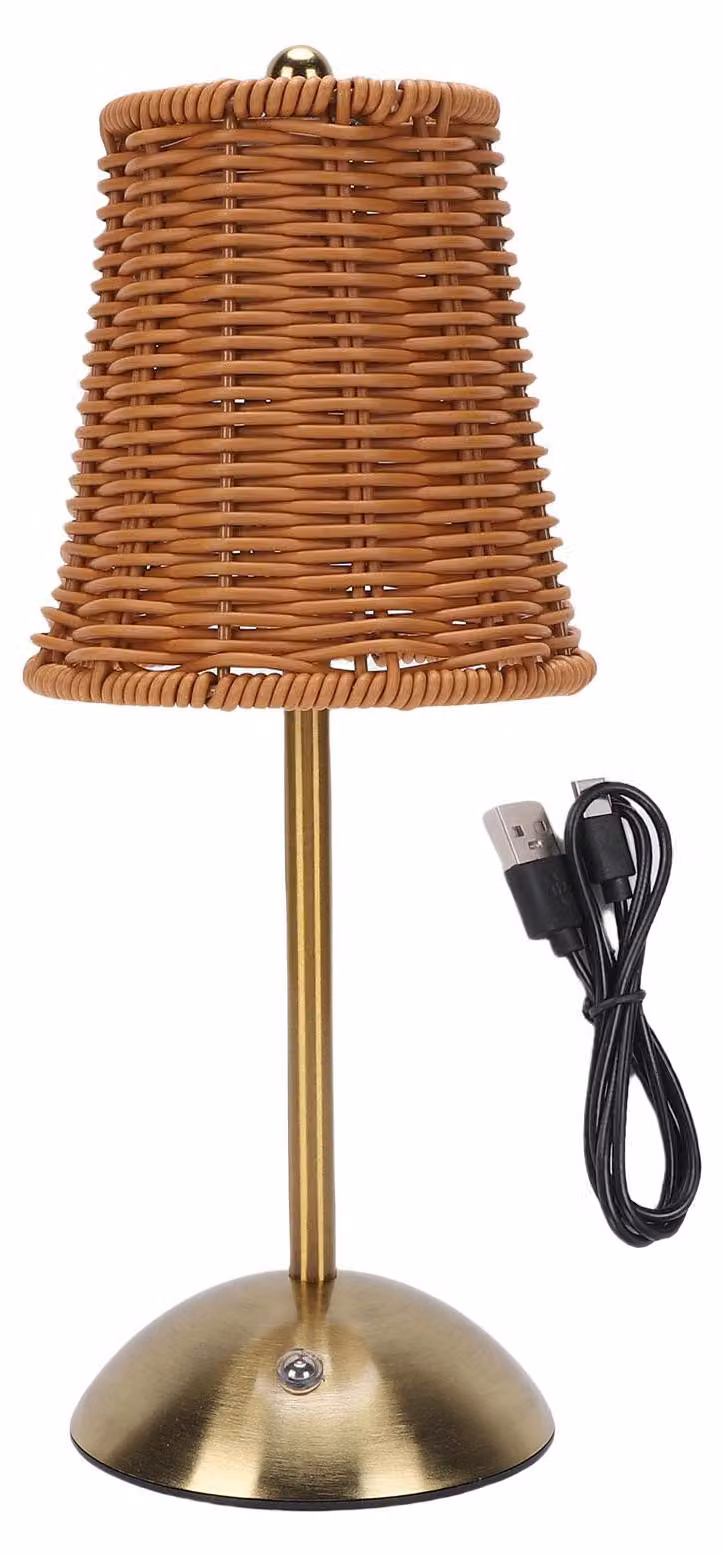 Lampada da tavolo vintage in rattan, con tecnologia LED, dimmerabile, 3 temperature di colore, ricaricabile, senza fili, ideale come lampada da comodino per camera da letto o soggiorno, finitura marrone