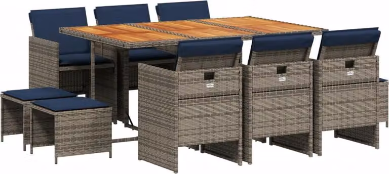 Set da pranzo da giardino da 11 pz con Cuscini in Polyrattan Grigio