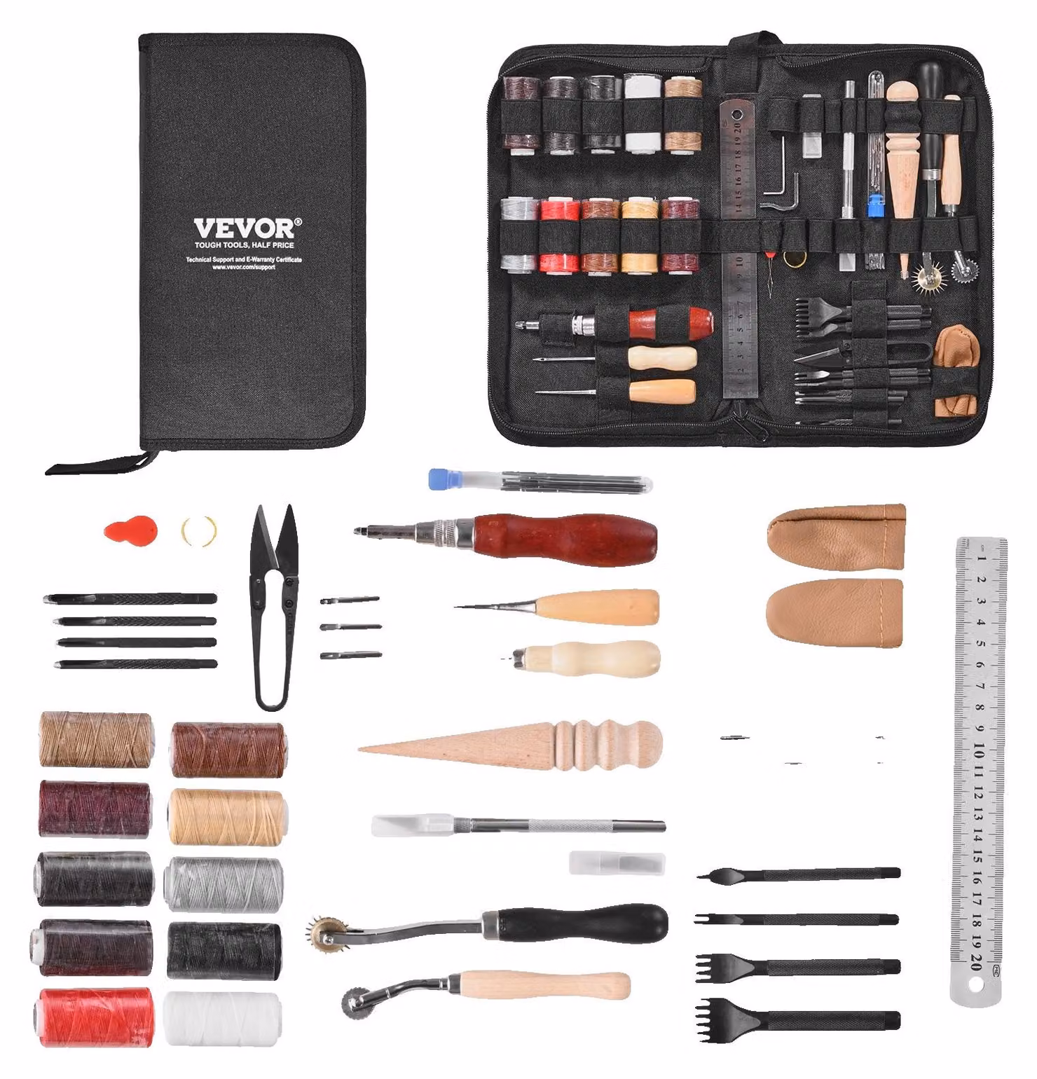 VEVOR Set di attrezzi artigianali in pelle da 38 pezzi con borsa portatile in tela Strumento grafico per punzonare, strumento per cucire, strumento per tagliare, ideale per i principianti e i professionisti del fai-da-te