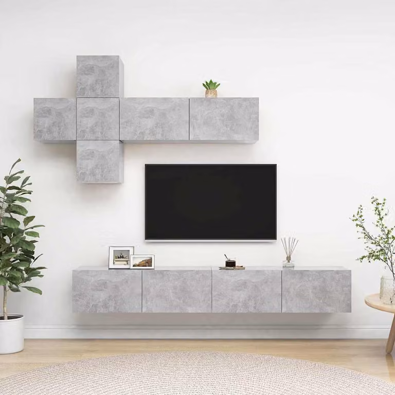 Set di mobili porta TV moderno vidaXL in legno e MDF, 7 pezzi, Grigio Cemento, con montaggio a parete
