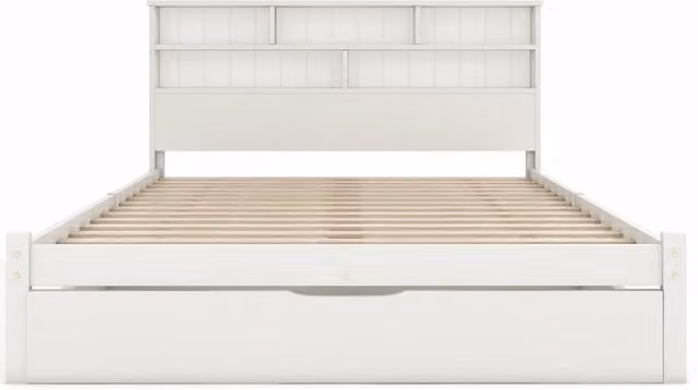 Letto Matrimoniale in Legno Massello con Cassetti e Rete a Doghe, 140x200 cm, Bianco, con Libreria Integrata