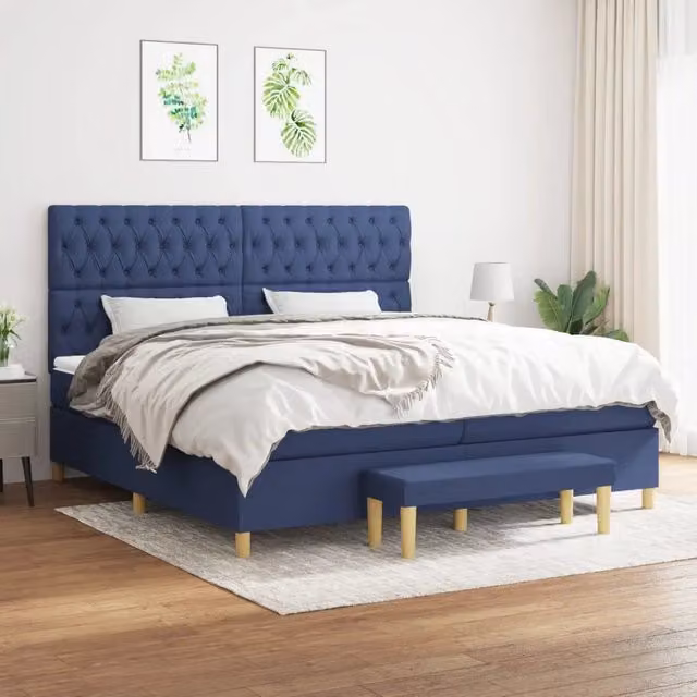 Letto Ibrido con Giroletto a Molle e Materasso vidaXL in Tessuto Blu e Bianco L/P/H: 200 x 200 x 128 cm