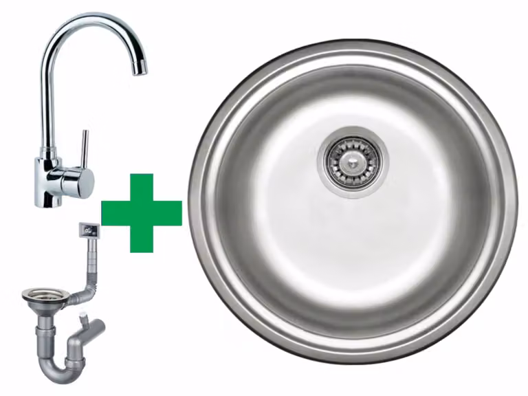 [Lavello in acciaio inox Ø 42 cm + rubinetto] Lavello da cucina bifacciale di alta qualità Lavello rotondo da incasso in acciaio inox Lavello in acciaio inox per basi da 45 cm incl. set di sifoni