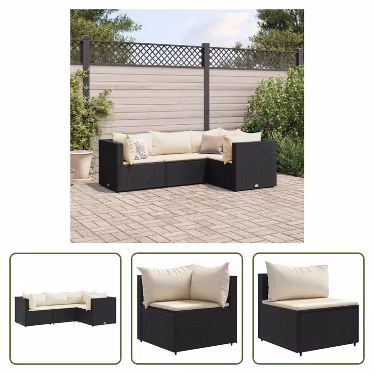 The Living Store Set da giardino 4 pezzi con cuscini in poly rattan nero