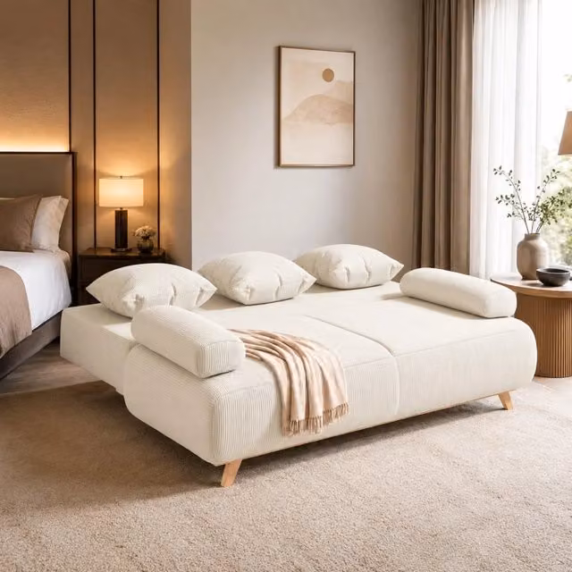 Divano letto 188x140 cm con vano contenitore e rivestimento in velluto a coste beige