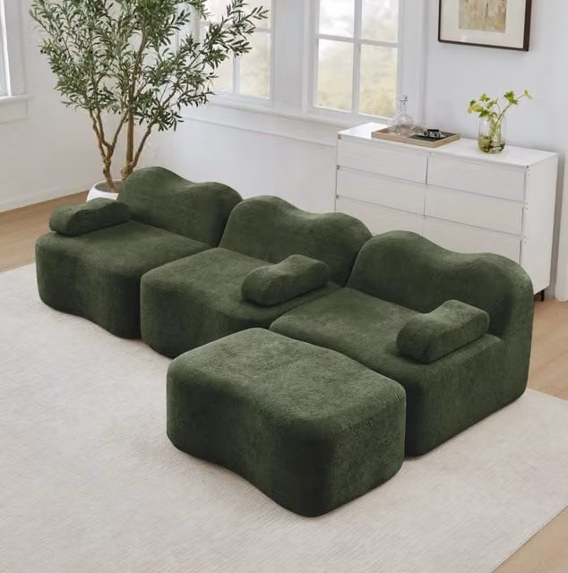 Divano angolare modulare 3 posti con pouf 288x167x70 cm in velluto verde