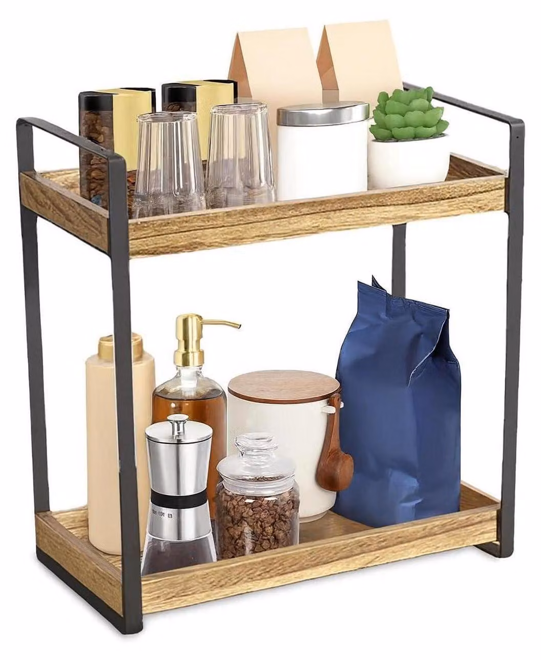 Ripiano portaoggetti da cucina in legno, con 2 livelli, altezza 35 cm, dotato di struttura in metallo