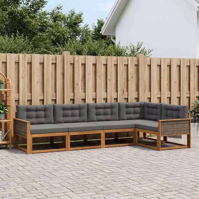 Set di divani da esterno vidaXL a forma di L composto da 5 pezzi in legno di acacia con cuscini inclusi, colore marrone e antracite