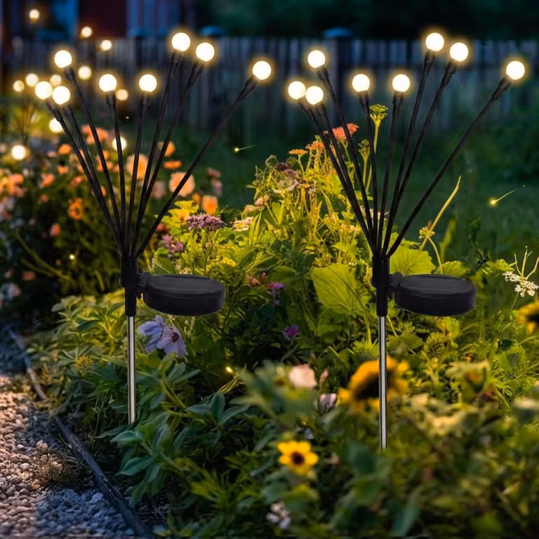 Set di 2 luci solari, modello "Feuerfliegen", luce bianco caldo, per uso esterno