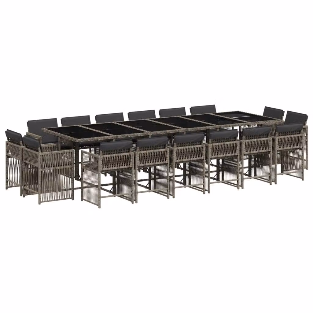 Set da Pranzo da Giardino 17pz con Cuscini Grigio in Polyrattan