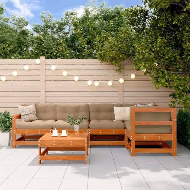 Set Lounge da Giardino a L vidaXL in Legno di Pino Trattato Marrone con Tavolino e Cuscini Inclusi – 1