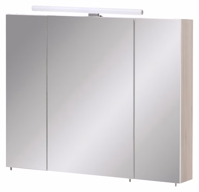 Specchio da bagno con 3 ante, illuminazione a LED, sistema di chiusura ammortizzata, realizzato in legno di quercia sbiancata, dimensioni 80x16x74,7 cm
