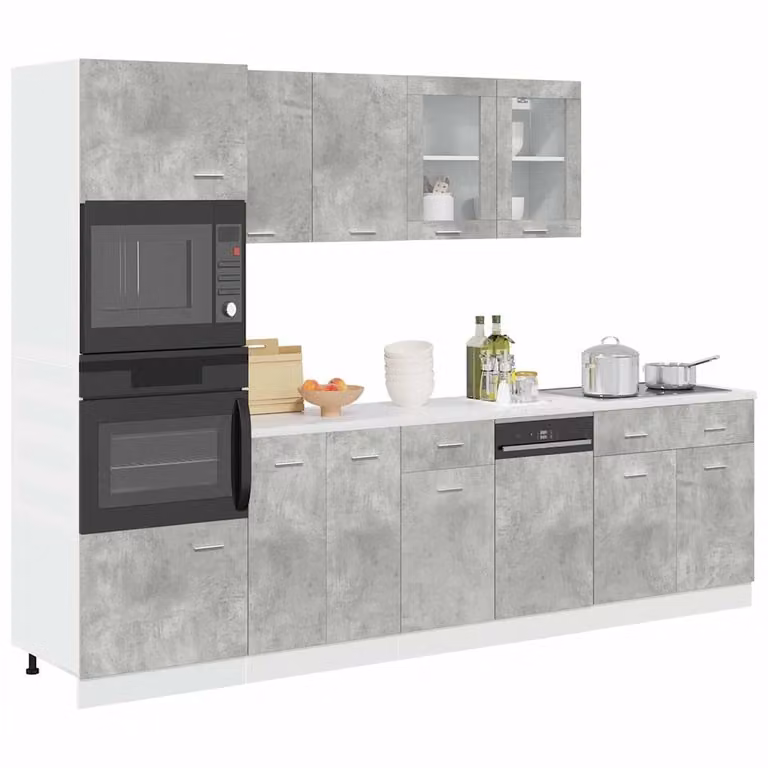 Set di mobili da cucina moderno vidaXL Lyon composto da 7 pezzi in legno e vetro, colore grigio, H 207.0 cm x L 80.0 cm x P 57.0 cm