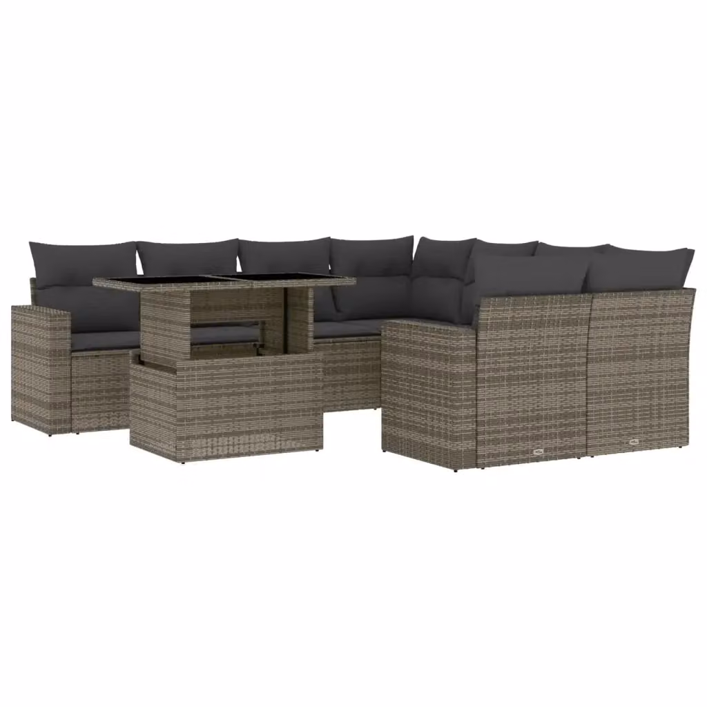 vidaXL Set Divano da Giardino 9 pz a L in Polyrattan Grigio con Cuscini e Tavolino – 2