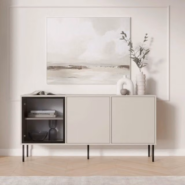 Madia moderna DMORA in MDF e vetro, Beige e Nero, L: 150 cm, P: 40 cm, H: 75 cm – 1