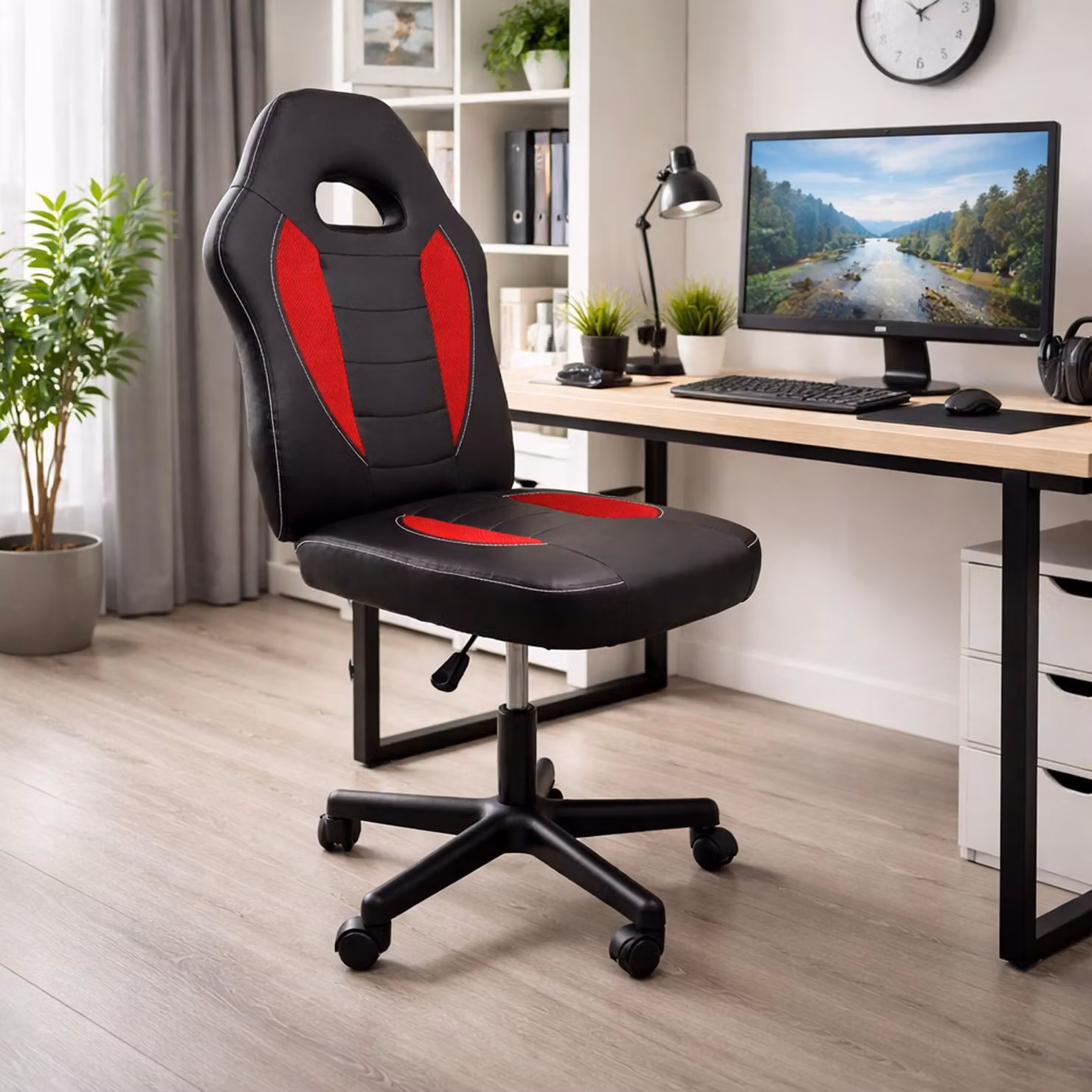 Sedia da scrivania regolabile in altezza, con funzione girevole a 360°, colore nero e rosso