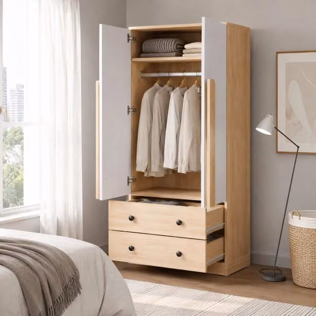 Armadio a due ante con 2 cassetti e vano interno; 70 x 40 x 170 cm; legno e bianco