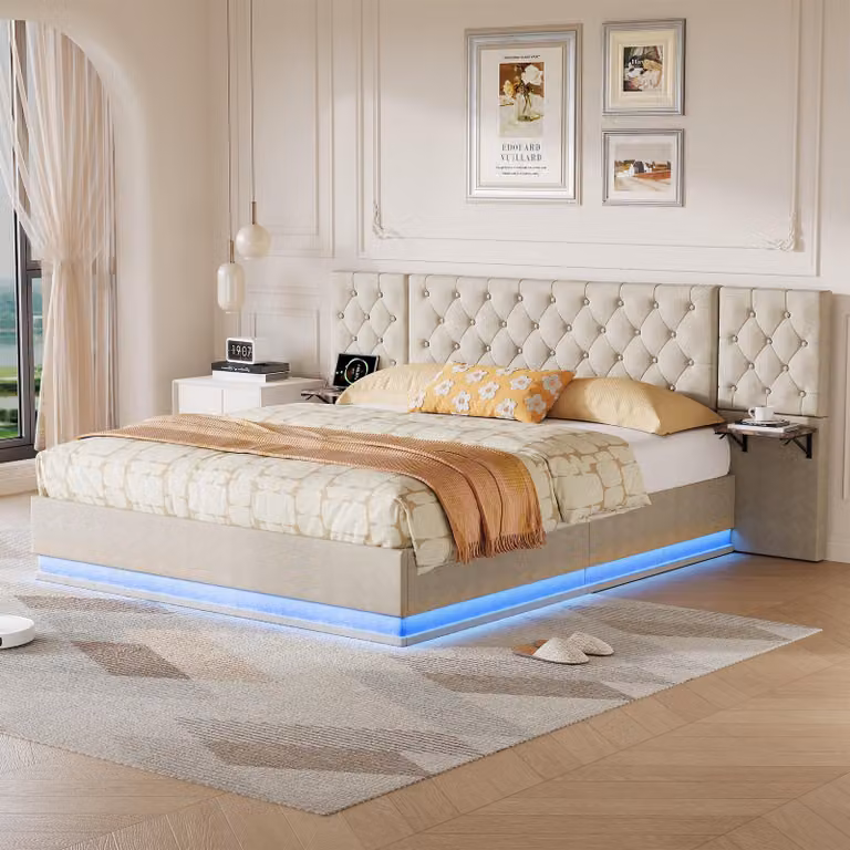 Letto imbottito REMZETTA, 160x200 cm, beige, con LED RGB, spazio contenitore, porta USB-C e ricarica wireless, rivestito in lino