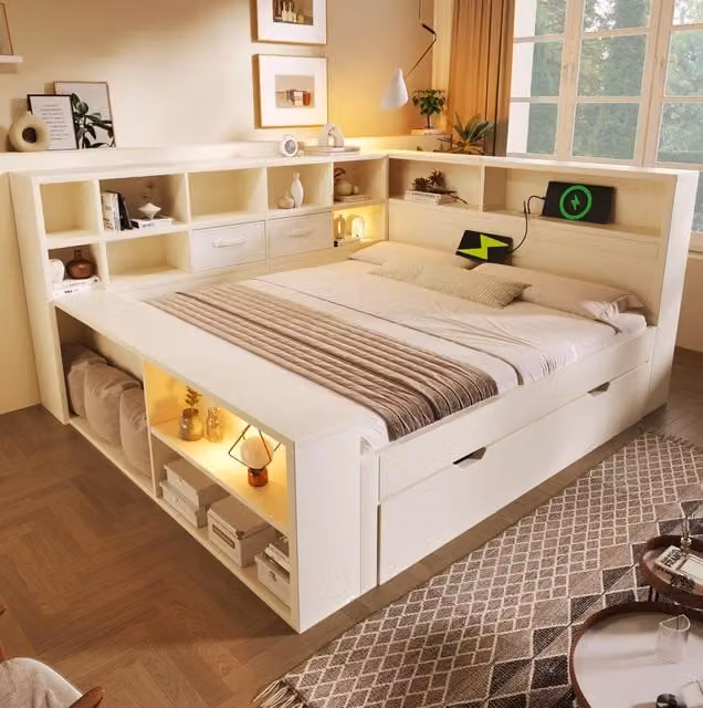 Letto 140x200 cm con letto estraibile, vani portaoggetti e prese USB-C bianco