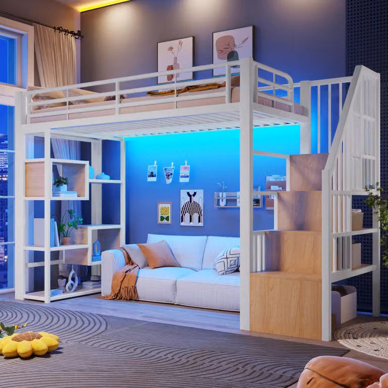 Letto a castello 90 x 200 cm con striscia LED, gradini integrati e ripiani, struttura in metallo con pannelli in MDF, ringhiera di sicurezza e scaletta, colore bianco
