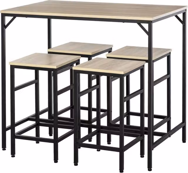 Set Tavolo da Bar Minimal con 4 Sgabelli in Acciaio e MDF Effetto Quercia Marrone