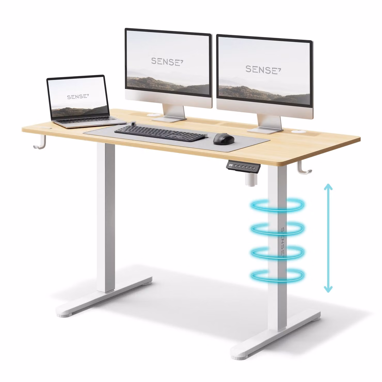 Sense7 Nojo Scrivania elettrica regolabile in altezza 120 cm, effetto pino, tavolo da gaming, funzione seduta-in piedi, memoria, tavolo ergonomico per PC, struttura bianca