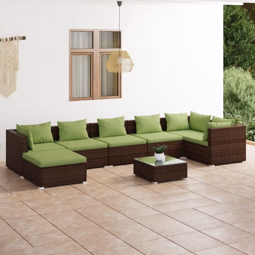 The Living Store Set salotto da giardino 8 pezzi con cuscini in poly rattan marrone