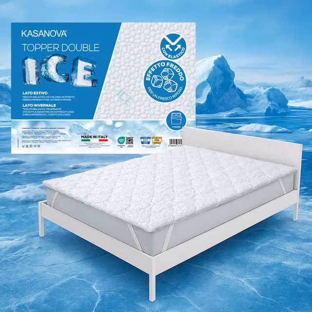 Topper matrimoniale KASANOVA in fibra Ice bianco con effetto rinfrescante, traspirante e reversibile, L/P: 140 x 200 cm