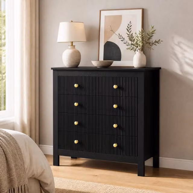Cassettiera ULEVR 79x39,5x80,5 cm con 5 cassetti testurizzati e maniglie dorate, nera