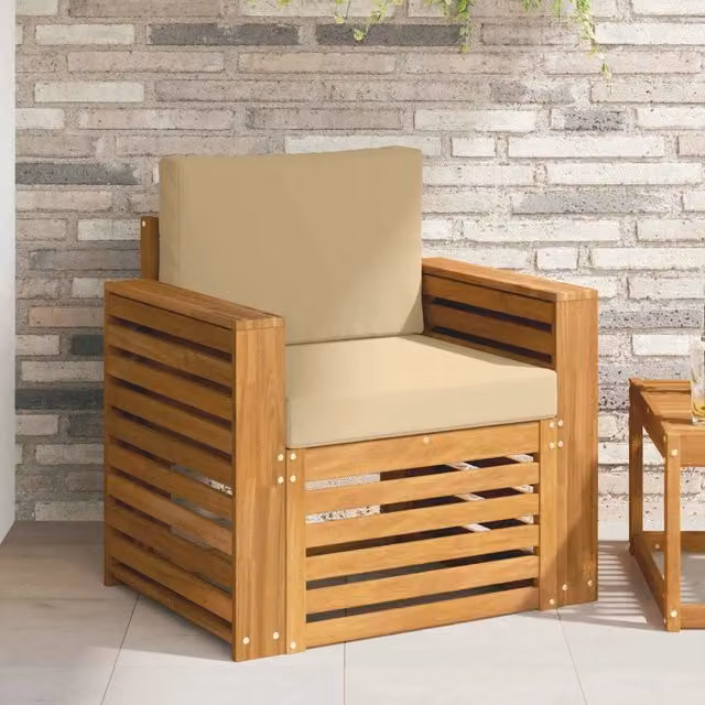 Divano da esterno moderno in legno di acacia massello e poliestere con cuscini beige per giardino e terrazzo