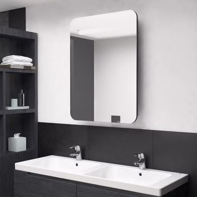 Armadietto da bagno Design Mania con specchio e illuminazione LED, Nero Lucido, L: 60 cm, P: 11 cm, H: 80 cm