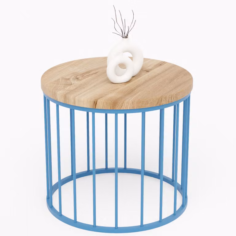 LAMO Manufaktur Tavolino da salotto rotondo in legno e metallo 50 x 42 cm - Tavolino da caffè, tavolo soggiorno, tavolinetto da salotto - Tavolo rotondo, design moderno - Colore: noce, gambe: blu