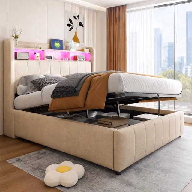 Letto imbottito 140 x 200 cm con vano contenitore idraulico; LED; USB e Type-C; beige