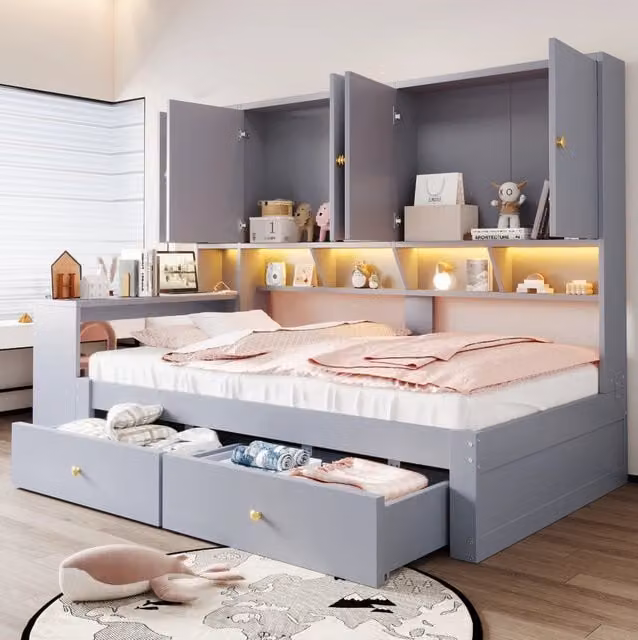 Letto multifunzionale 90x200 cm con scrivania integrata, armadi, cassetti, illuminazione LED e prese, grigio e bianco