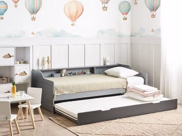 Letto a scomparsa BELIANI in pino grigio con struttura in velluto, misura singola 90 x 200 cm con telaio a doghe extra