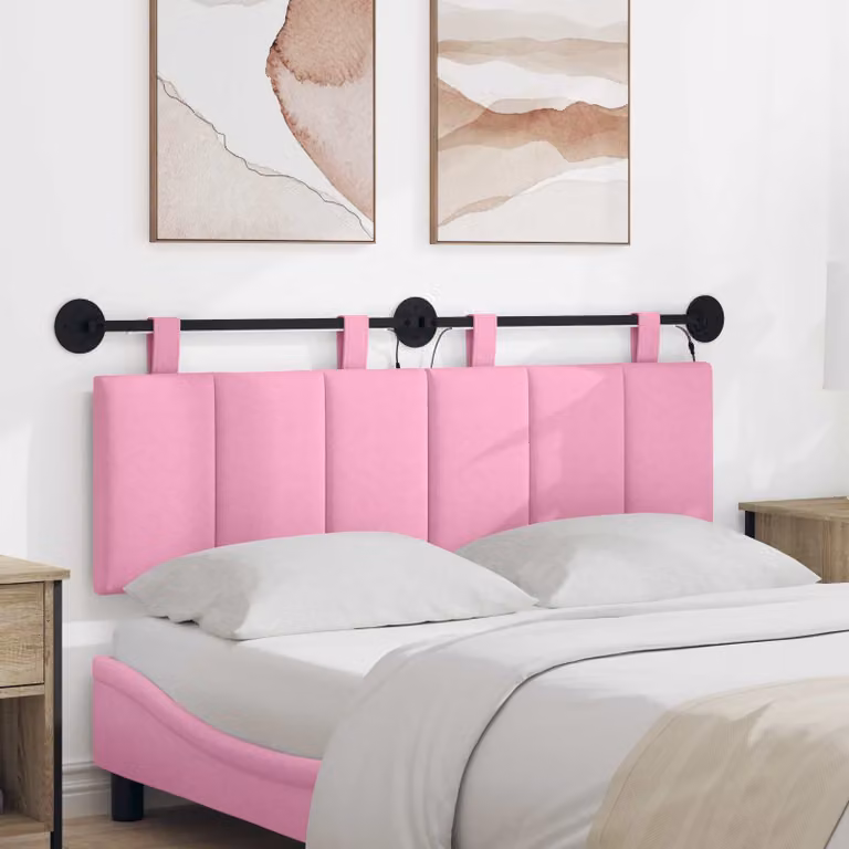 Testiera per letto sospesa vidaXL con luce LED integrata e rivestimento in tessuto rosa L 150 x H 55 x P 13 cm