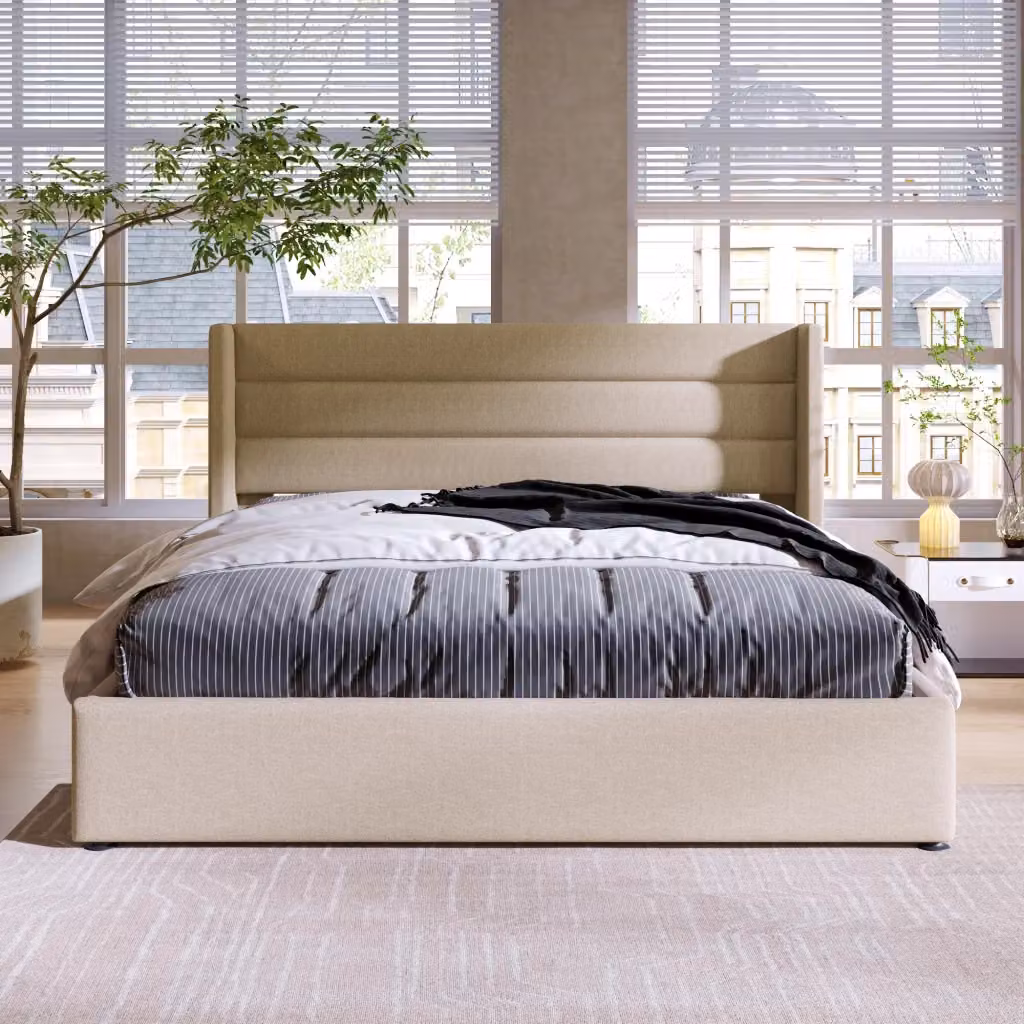 Letto contenitore imbottito WISHDOR con rete sollevabile in lino, colore beige o grigio, L/P/H: 140 x 200 x 153,5 cm – 2