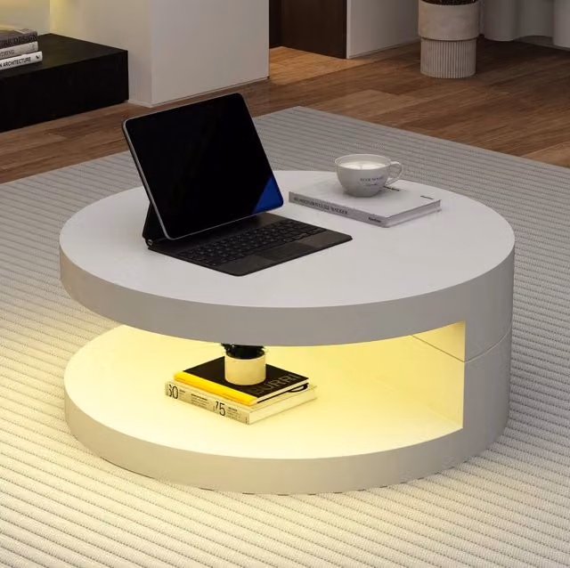 Tavolino da salotto ULEVR ?70 cm con piano girevole a 360¡ã, LED e doppio ripiano, MDF bianco