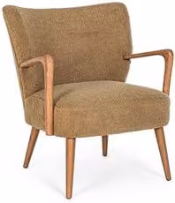 Poltrona Lounge Bizzotto in Tessuto Bouclé Marrone con Braccioli e Struttura in Legno in Stile Mid-Century