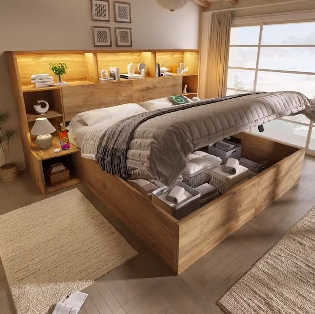 Letto contenitore 180x200 cm con LED, USB-C e comodini integrati in MDF e metallo, rovere
