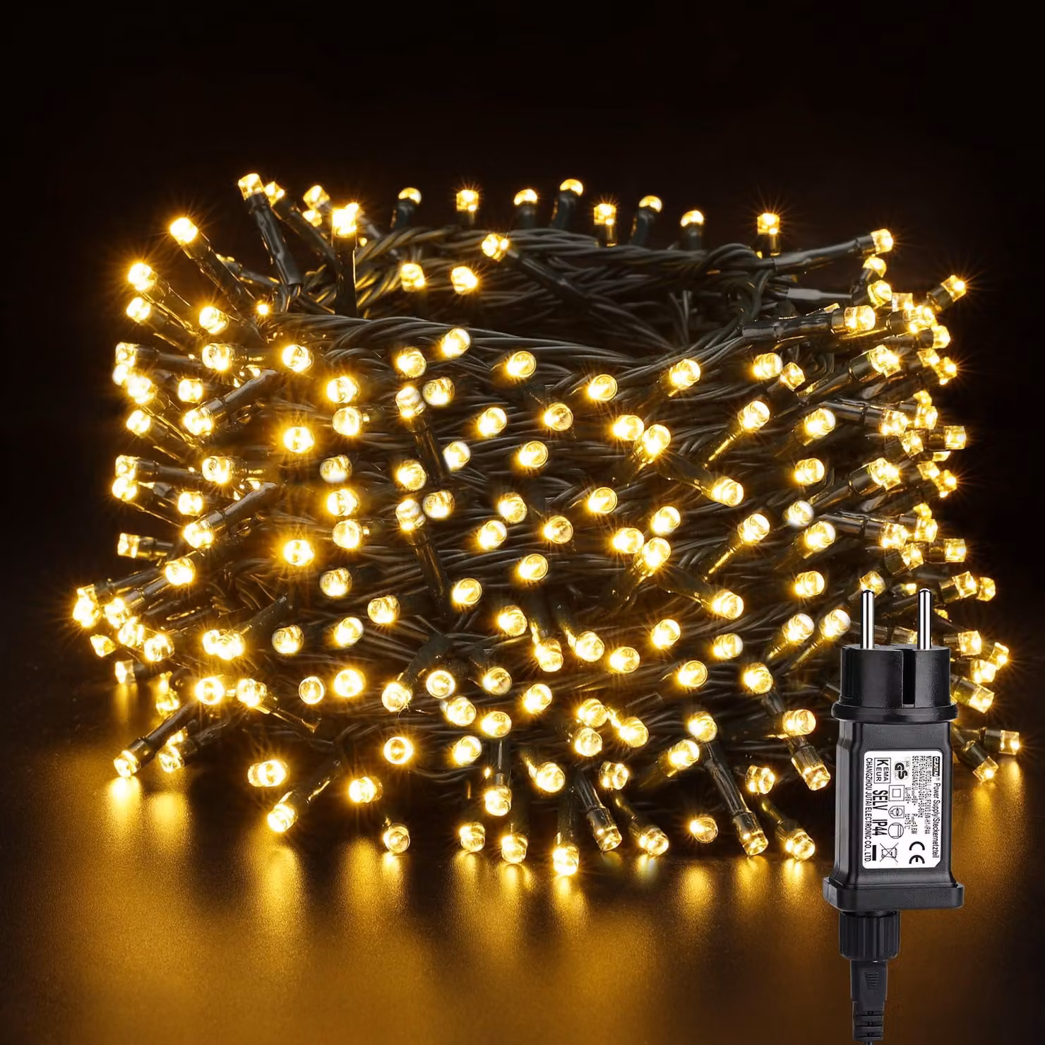 Catena luminosa da 50 metri, con 500 LED, luce bianco caldo, 8 modalità, impermeabile