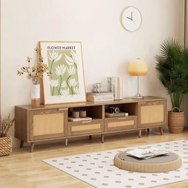 Mobile TV Chicfurn moderno in legno color marrone con inserti effetto rattan, 2 ante e 2 cassetti per soggiorno, L: 200 cm, P: 37 cm, H: 49 cm – 1