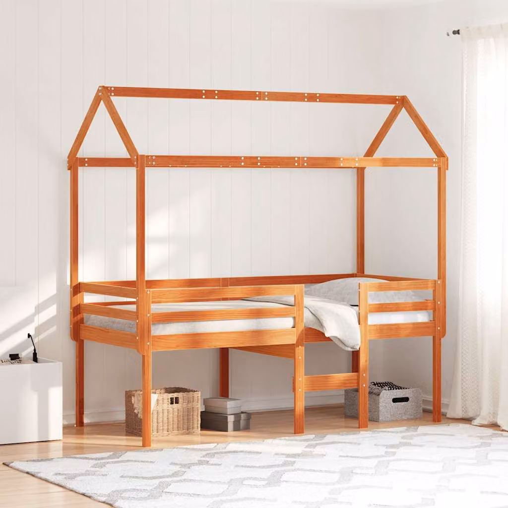 vidaXL Letto a Soppalco per Bambini con Tetto a Casetta in Legno di Pino Marrone Cera 90x200 cm