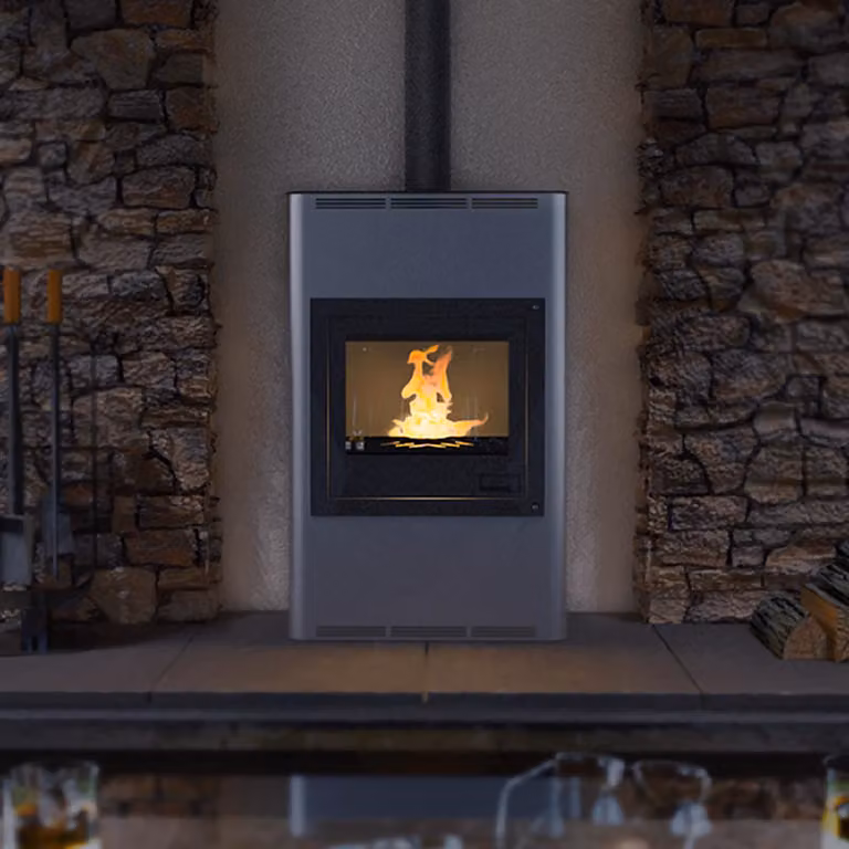 Termocamino HS FLAMINGO AQUAFLAM 25 con scambiatore di calore regolazione base grigio