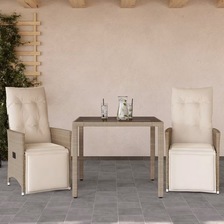 Set da Bistrò da Giardino e Balcone vidaXL in Polyrattan con Cuscini Beige e Piano in Vetro, 3 Pezzi