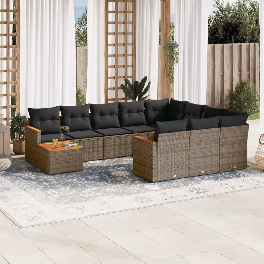 Set di divani da giardino vidaXL 11 pz in polyrattan grigio con cuscini e tavolino da esterno a forma di L – 1