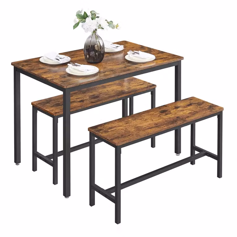 Set di Tavolo da Pranzo e Panche, Marrone Vintage + Nero