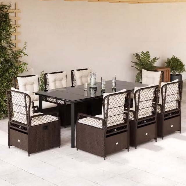 Set da pranzo da giardino vidaXL in polyrattan marrone con 9 pezzi e cuscini